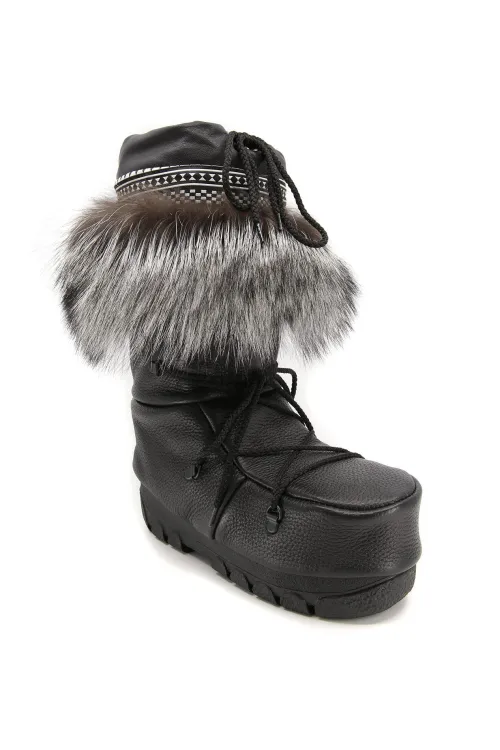 Black leather with silver fox - Mukluks | Winter boots - Snow boots | BILODEAU Canada