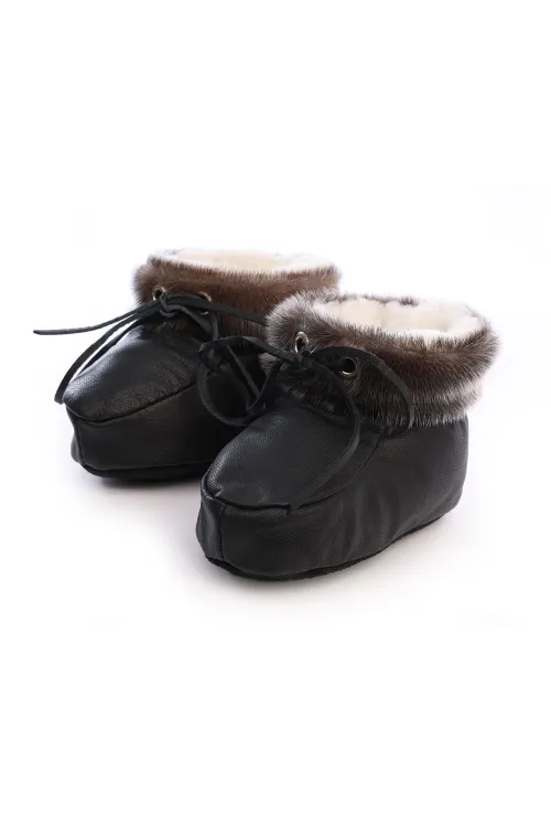 Black leather and natural Seal fur baby slipper | Babies | BILODEAU Canada